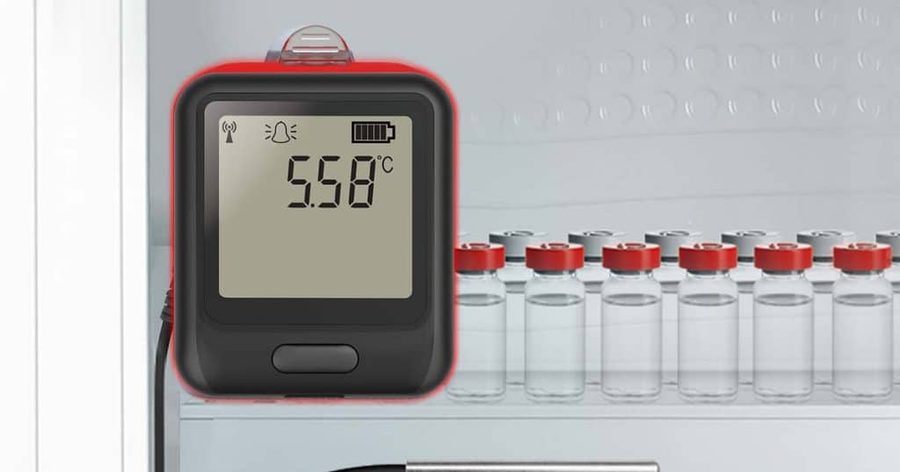 Wireless data logger monitoring a vaccine refrigerator